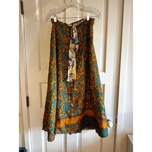 Floral Paisley Reversible Wrap Maxi Skirt Orange Teal Boho Made in India